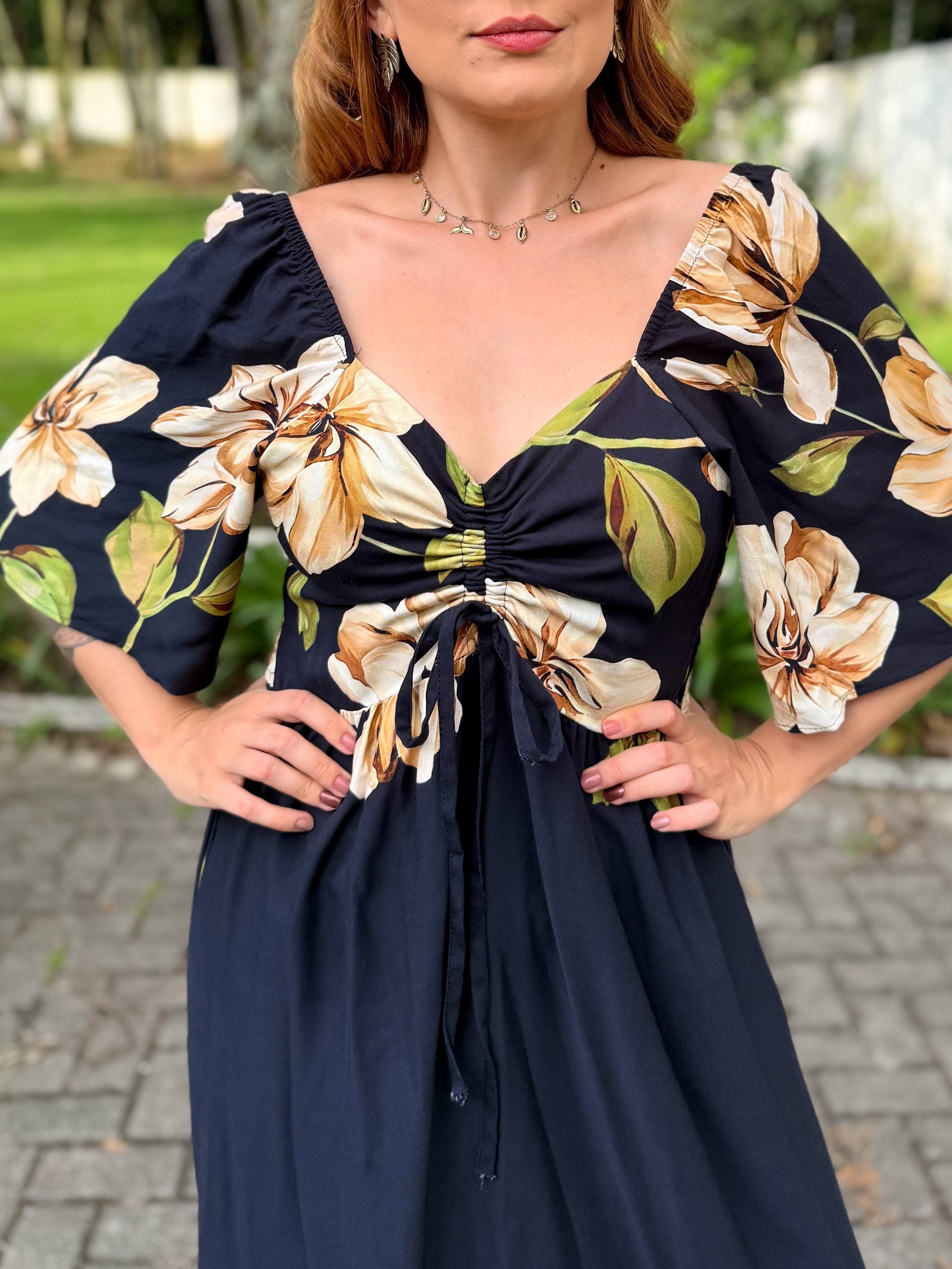 Vestido Estampado com Bolsos e Manga Sol