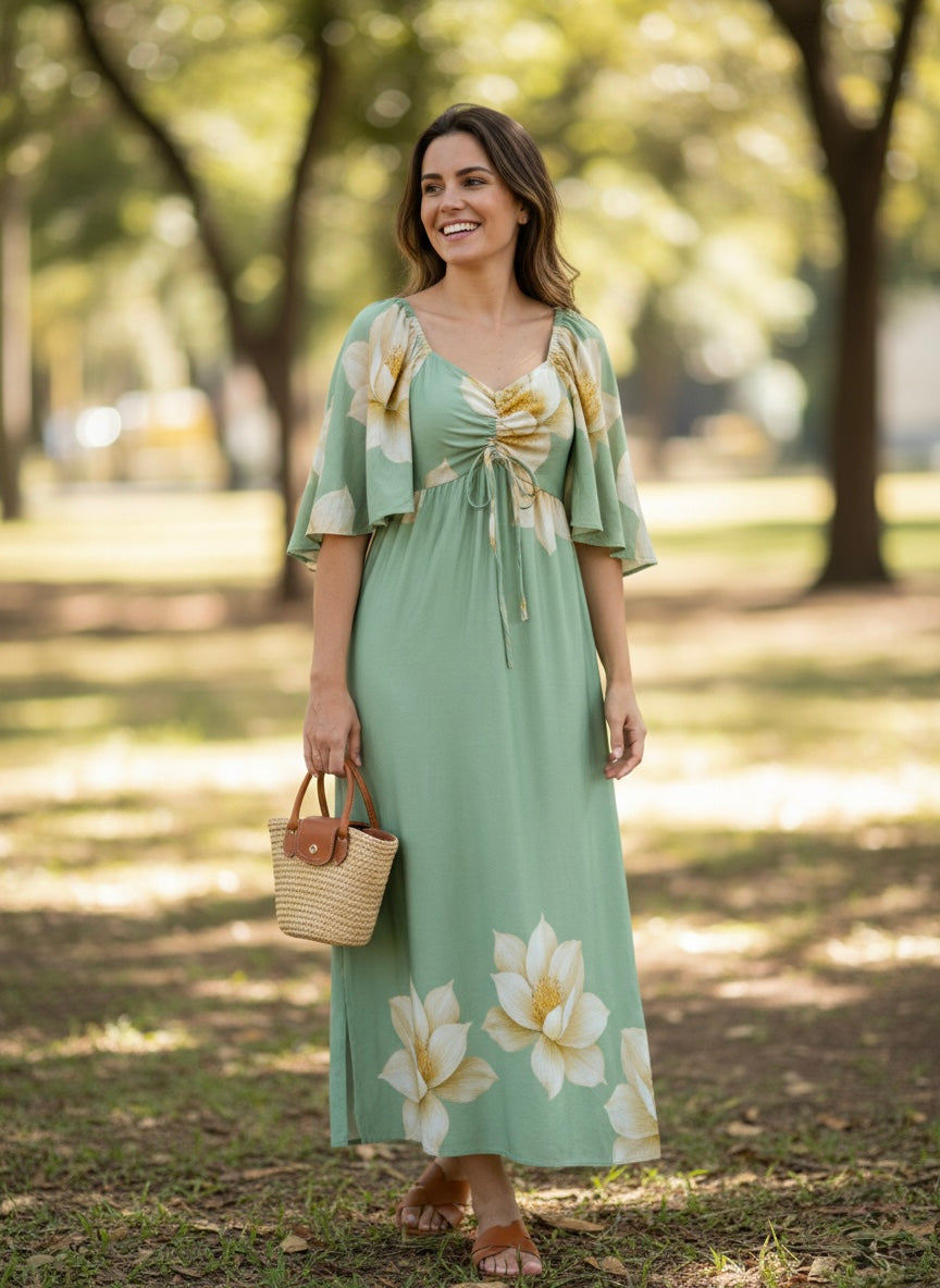 Vestido Estampado com Bolsos e Manga Sol