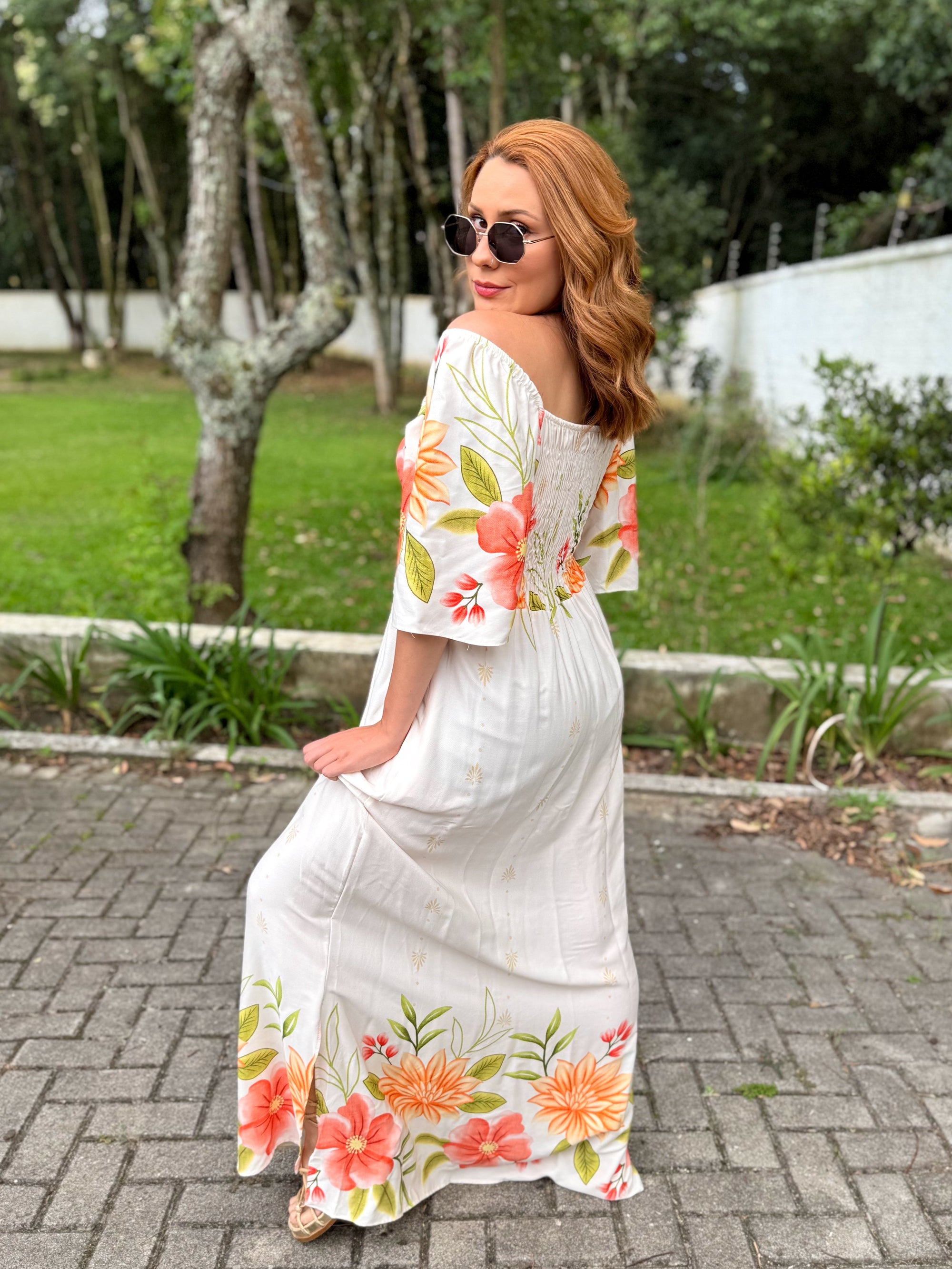 Vestido Estampado com Bolsos e Manga Sol