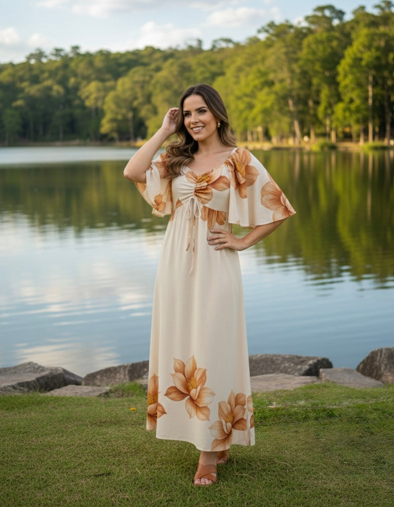 Vestido Estampado com Bolsos e Manga Sol
