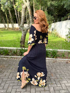 Vestido Estampado com Bolsos e Manga Sol
