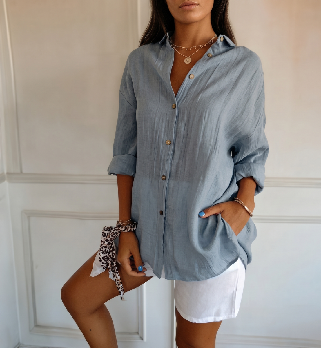 [Liquidação: Compre 1 e Leve 3] Camisa Ibiza™ em Linho de Algodão com Design Semi Plissado / Conforto e Estilo que Abraçam a Mulher Elegante!
