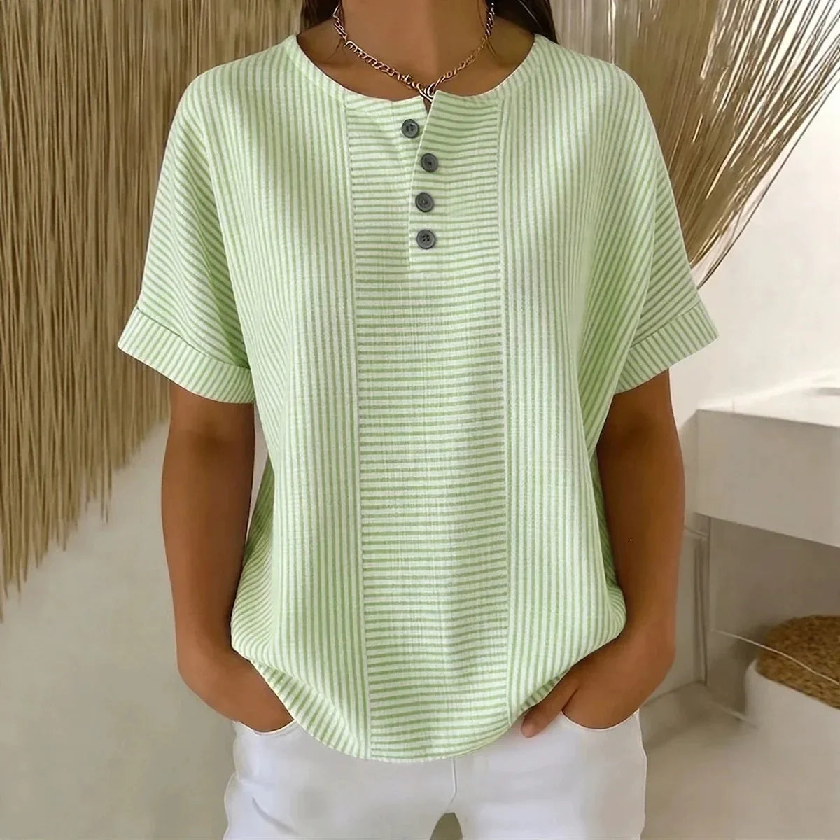 (Compre 1 Leve 2) Blusa Euddora™ Com Listras Delicadas e Botões Frontais