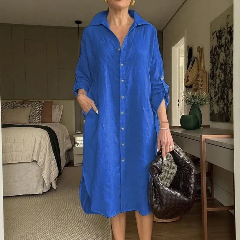 Vestido Chemise Mídi Lisboa™ em Linho de Algodão com Gola Alta Chique