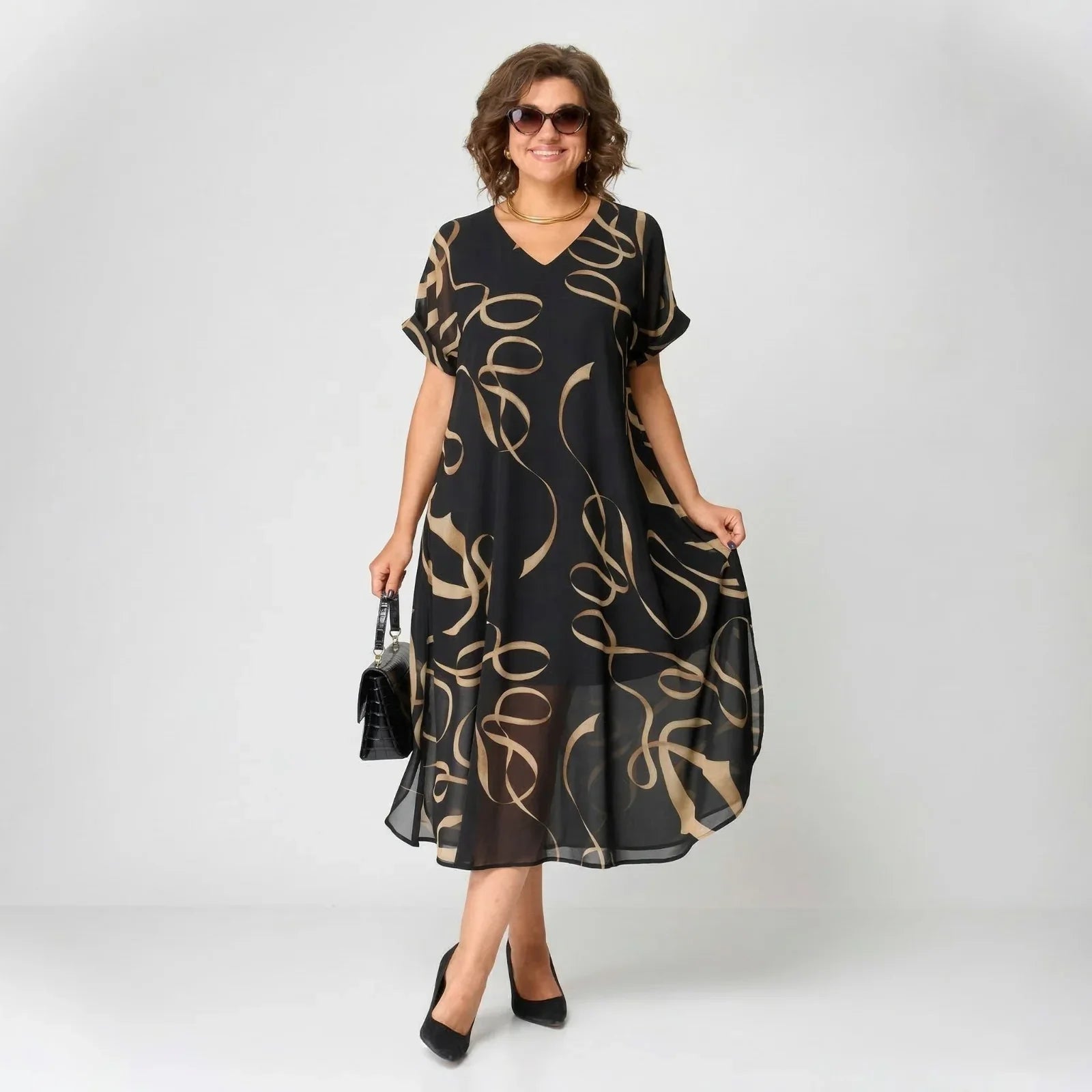 Vestido Francesca™ com Babado e Estampa Dourada