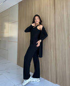 Conjunto Feminino 3 Peças: Cardigan Longo, Blusa e Calça Pantalona